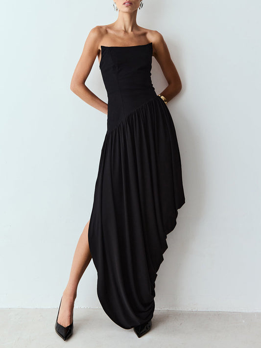 Deniz Strapless Asymmetric Draped Maxi Dress In Black
