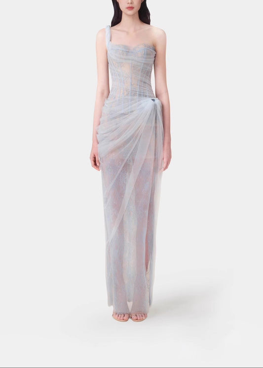 Decima One Shoulder Corset Mesh Maxi Dress In Blue