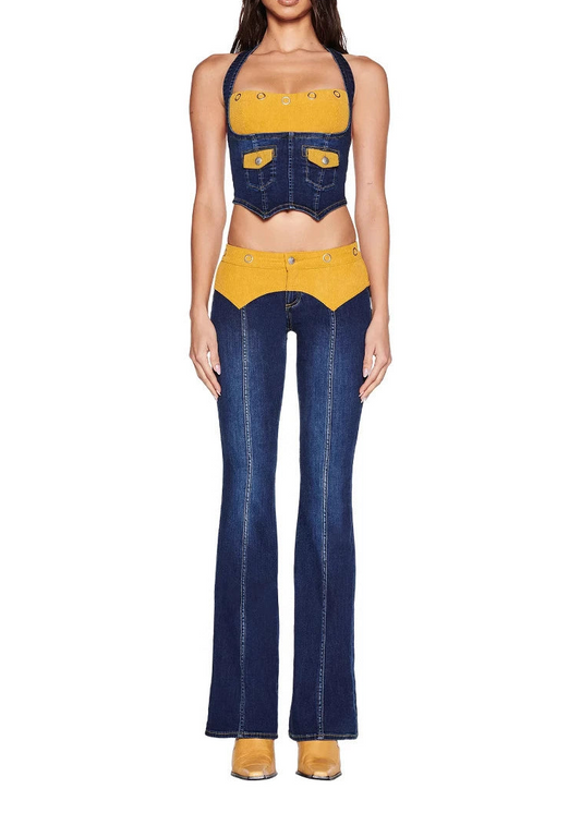 Cainnech Halter Neck Deconstruct Denim Pants Set