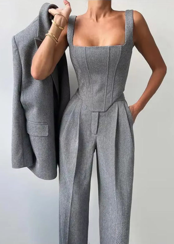 Amnon Lapel Strapless Three Piece Pants Set In Grey