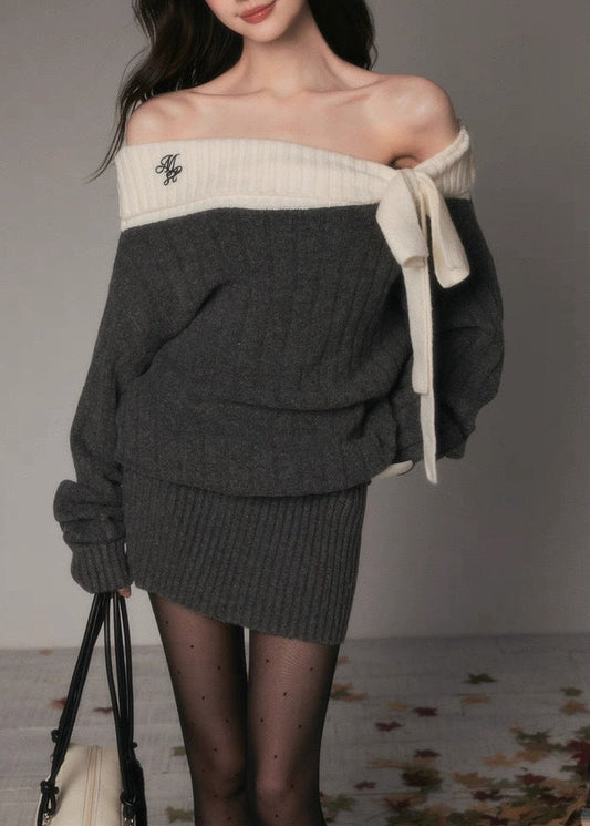 Devon Off Shoulder Bow Knit Mini Dress In Grey