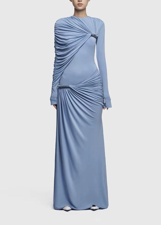 Driscoll Asymmetric Ruch Maxi Dress In Blue