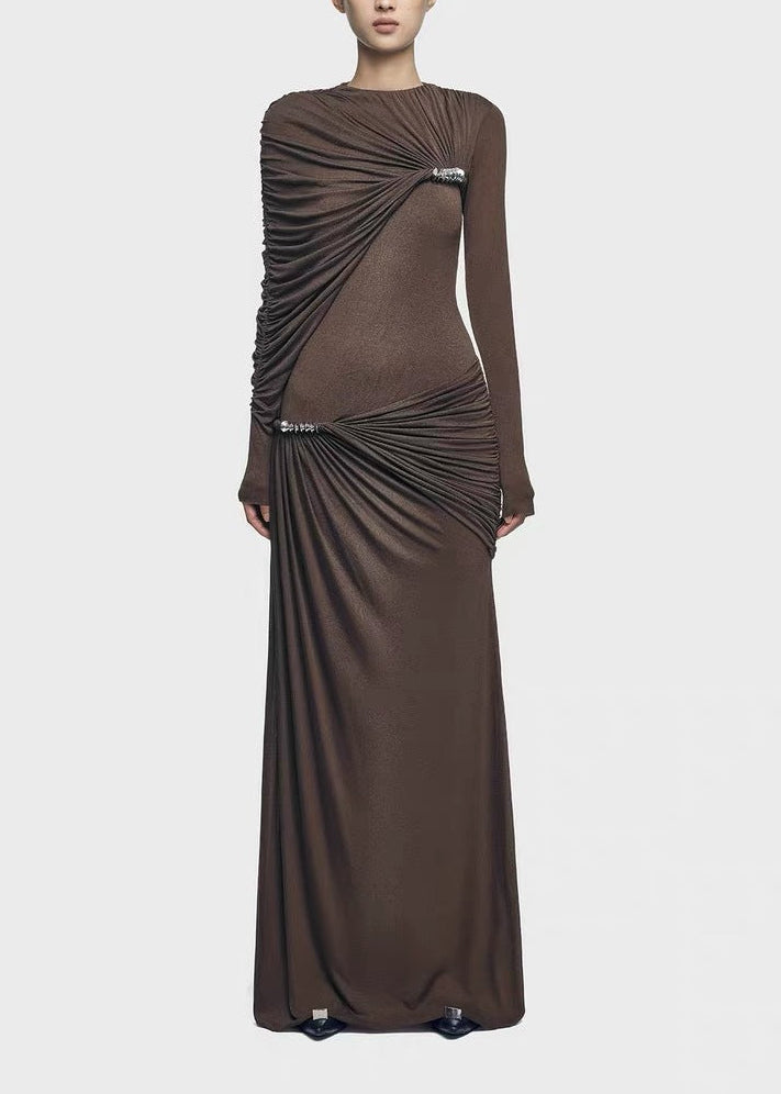 Driscoll Asymmetric Ruch Maxi Dress In Brown