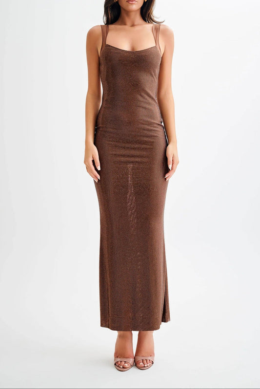 Chalkis Sequin Backless Maxi Dress In Brown
