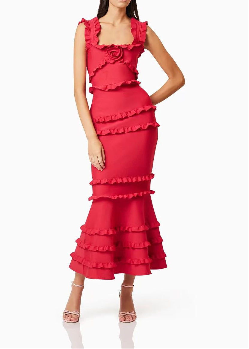 Barret Ruffle Flower Maxi Dress In Red