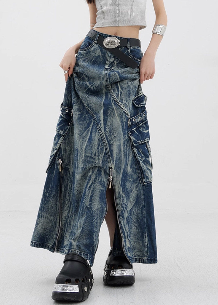 Daniyal Asymmetric Zipper Denim Maxi Skirt