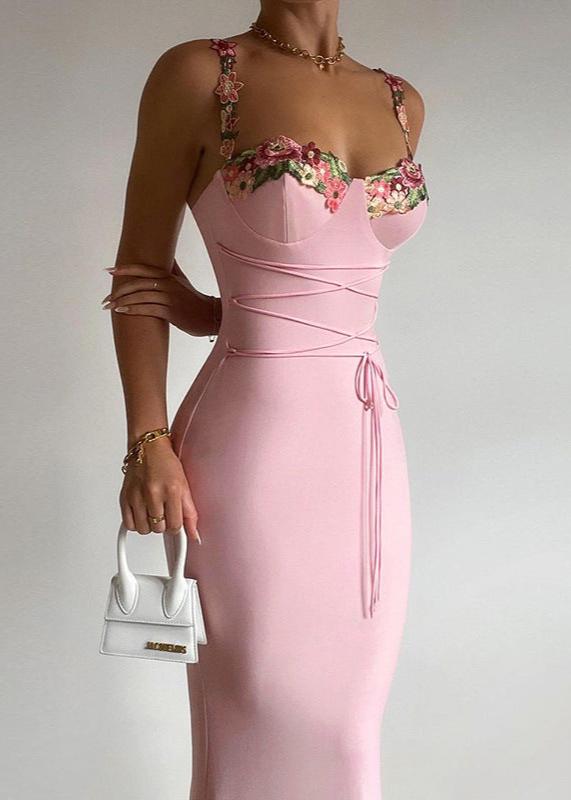 Girasol Bodycon Flower Embroidered Maxi Dress In Pink