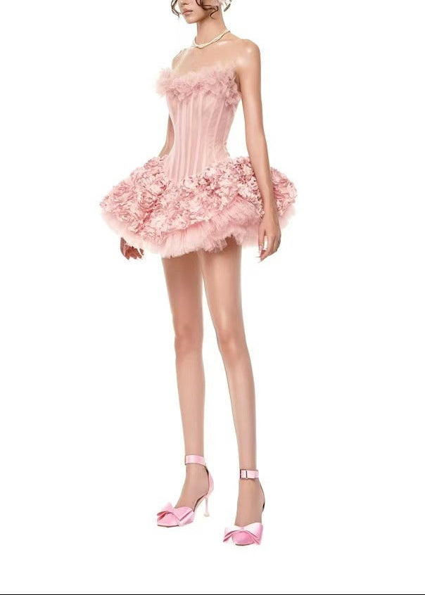 Dazbog Corset Flower Puffy Mini Dress In Pink