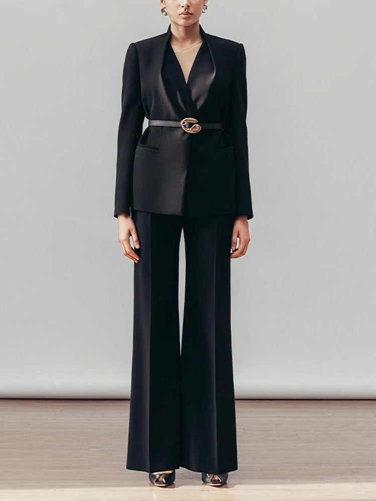 Amariah Plunge Buckle Pants Set In Black