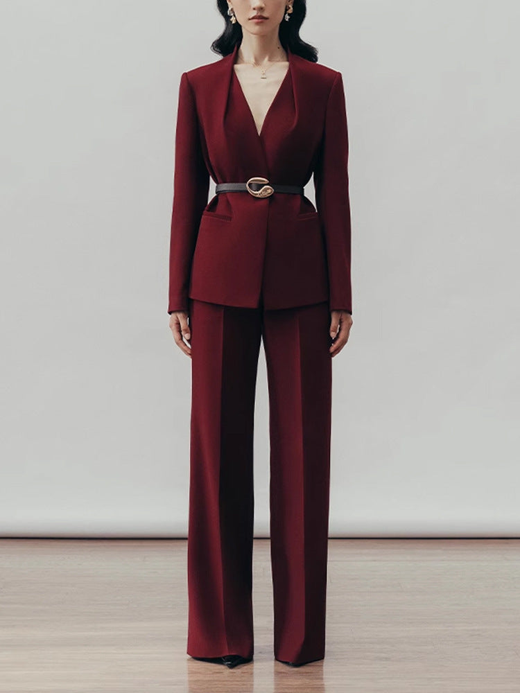 Amariah Plunge Buckle Pants Set In Red