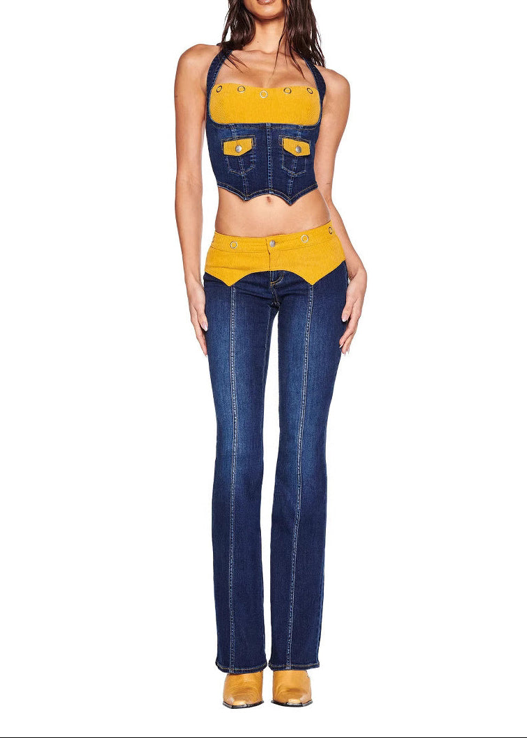 Cainnech Halter Neck Deconstruct Denim Pants Set