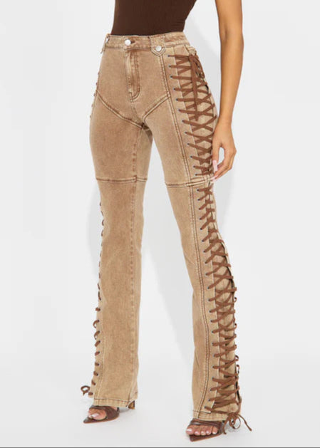Alwilda Lace Up Jeans In Khaki