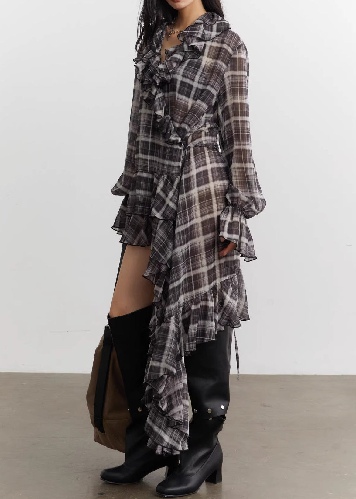 Erja Asymmetric Grid Ruffle Mini Dress