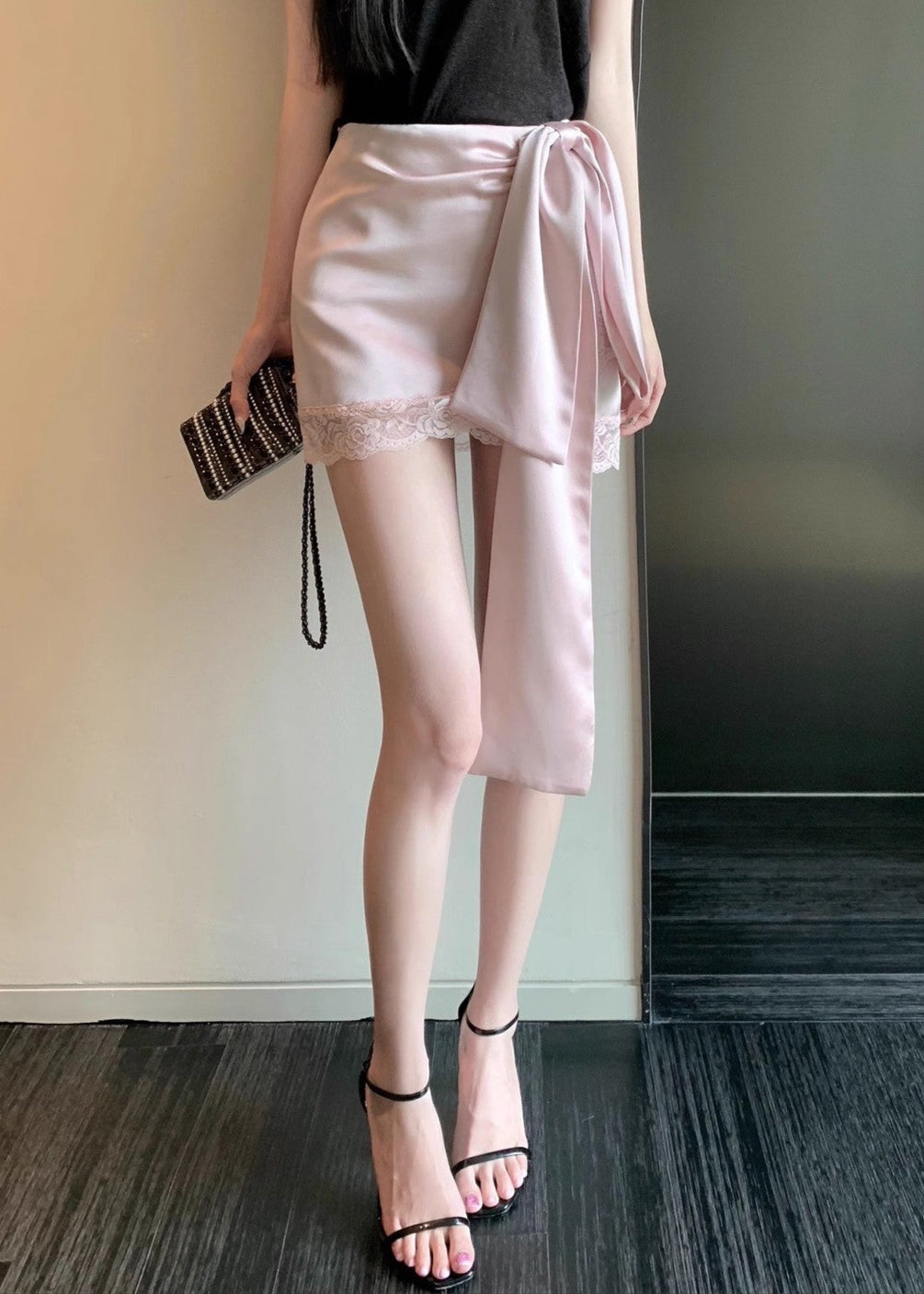 Antonina Lace Up Bow Satin Skirt In Pink