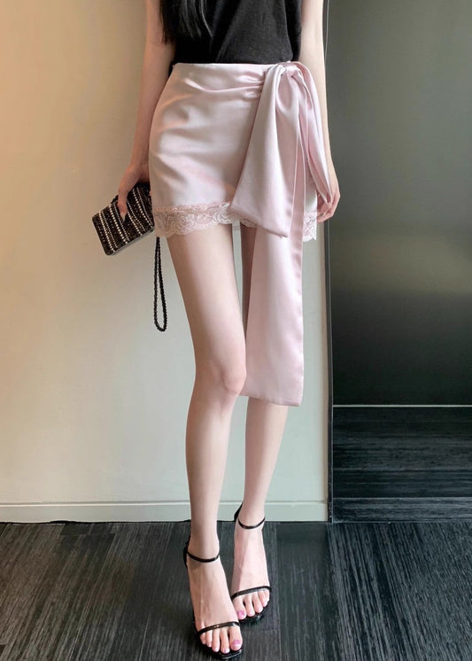 Antonina Lace Up Bow Satin Skirt In Pink