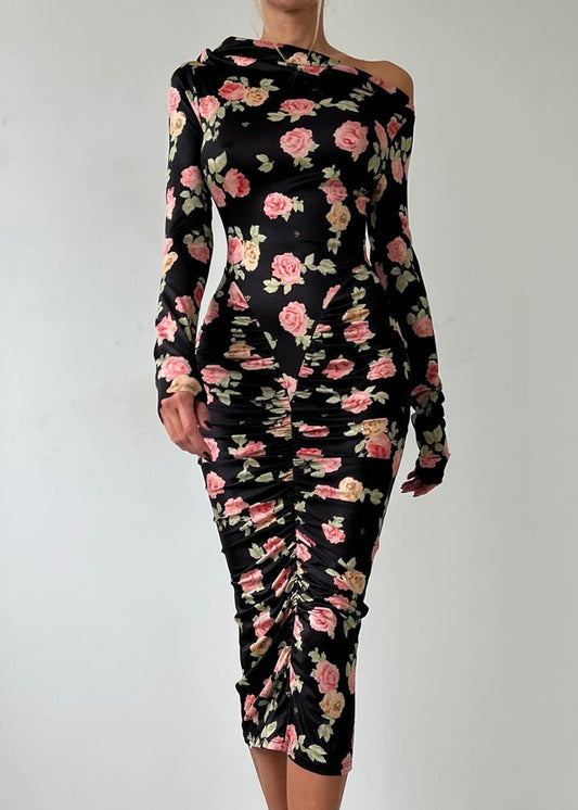 Dominika Floral Bodycon Ruch Midi Dress In Black