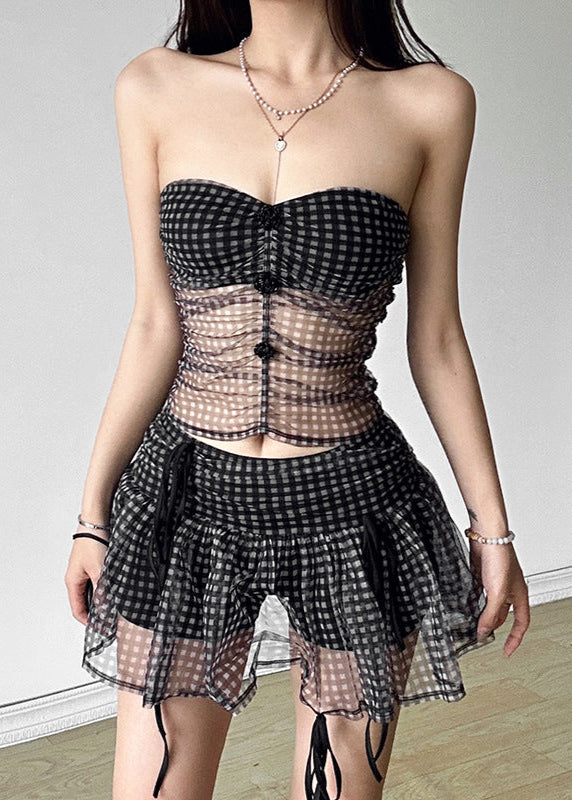 Beda Mesh Strapless Grid Ruffle Skirt Set