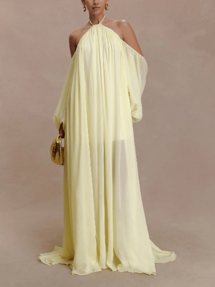 Emmanuhel Backless Balloon Sleeve Maxi Dress In Butter Yellow