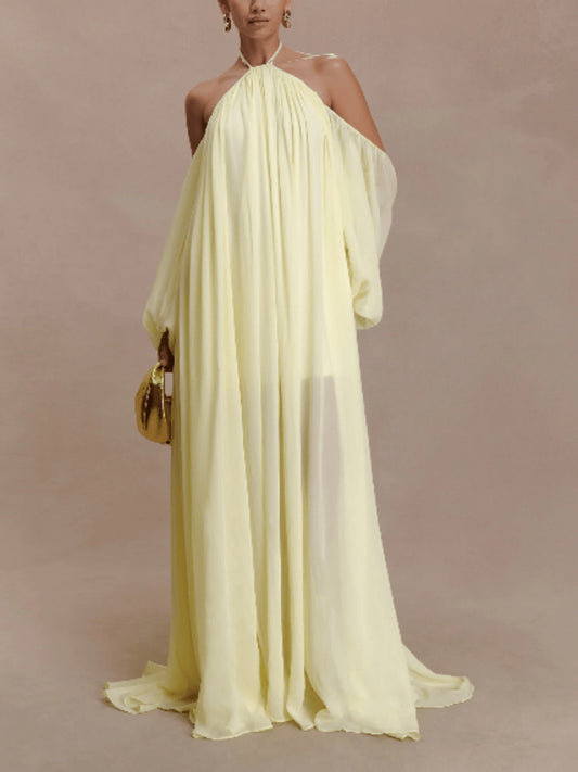 Emmanuhel Backless Balloon Sleeve Maxi Dress In Butter Yellow