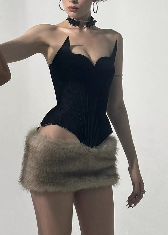 Dmitar Corset Faux Fur Skirt Set