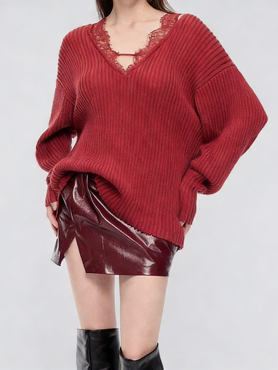 Faraj Lace Deconstruct Knit Top In Red