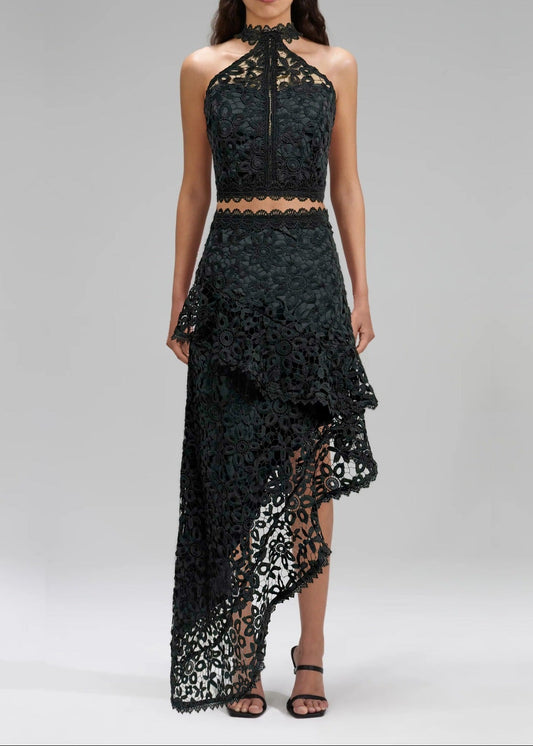 Caesonia Halter Neck Asymmetric Lace Maxi Skirt Set