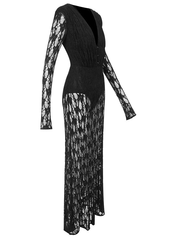 Herminia Lace Long-Sleeved Maxi Dress In Black