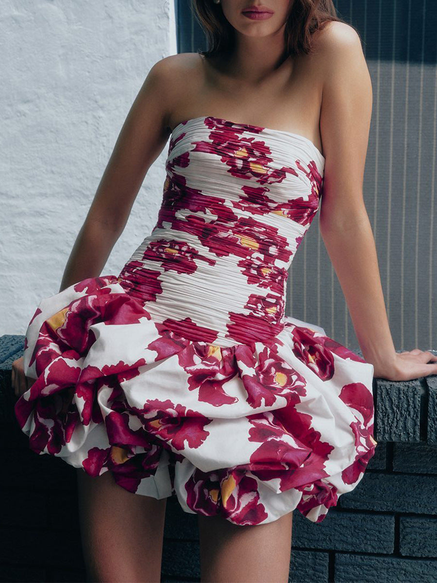 Amaro Floral Ruch Strapless Mini Dress In Red