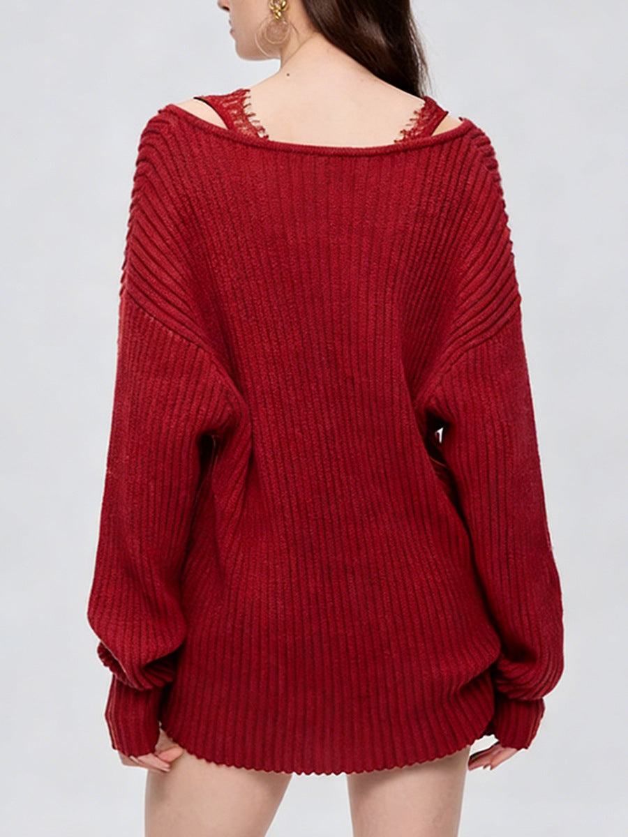 Faraj Lace Deconstruct Knit Top In Red