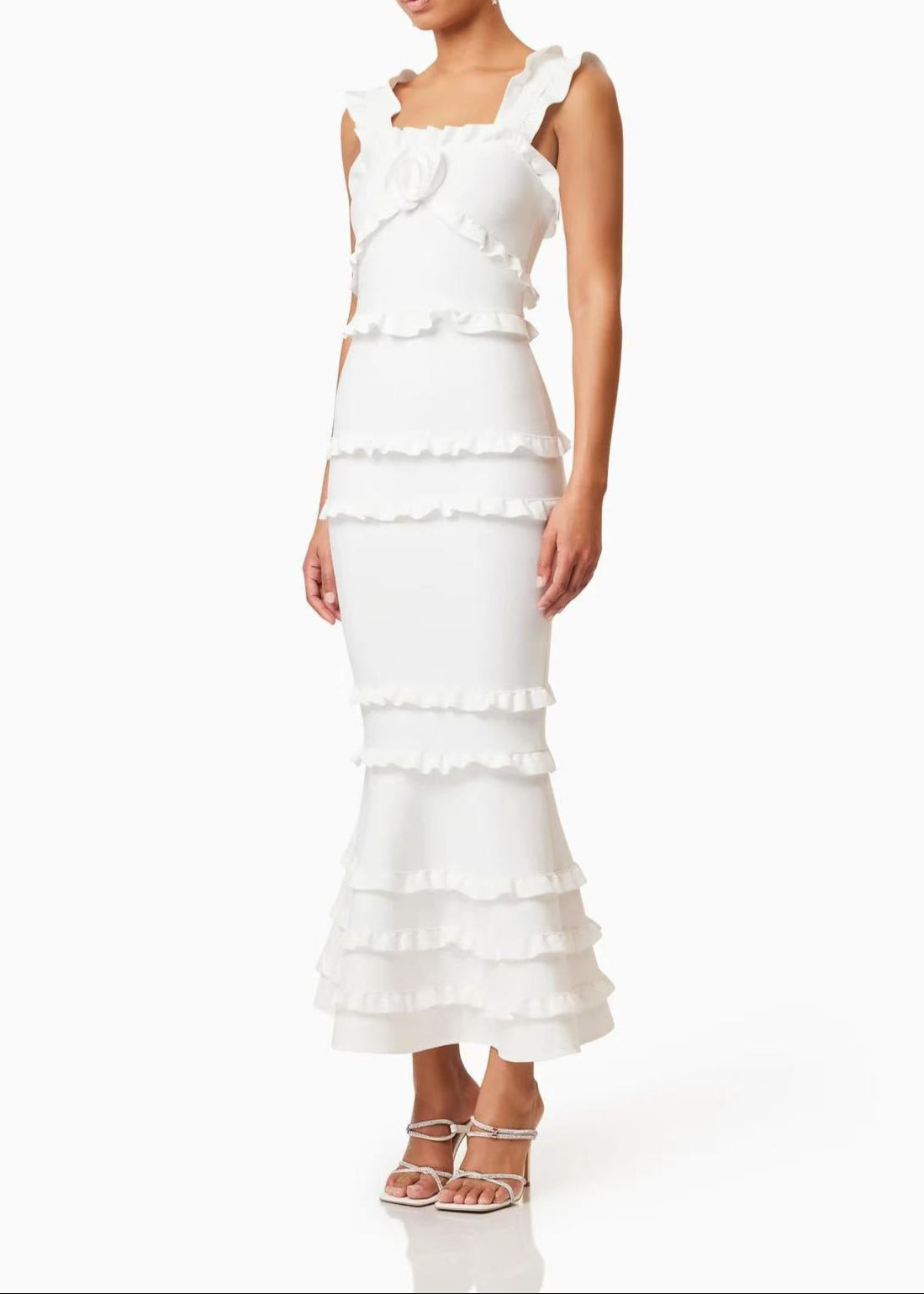 Barret Ruffle Flower Maxi Dress In White