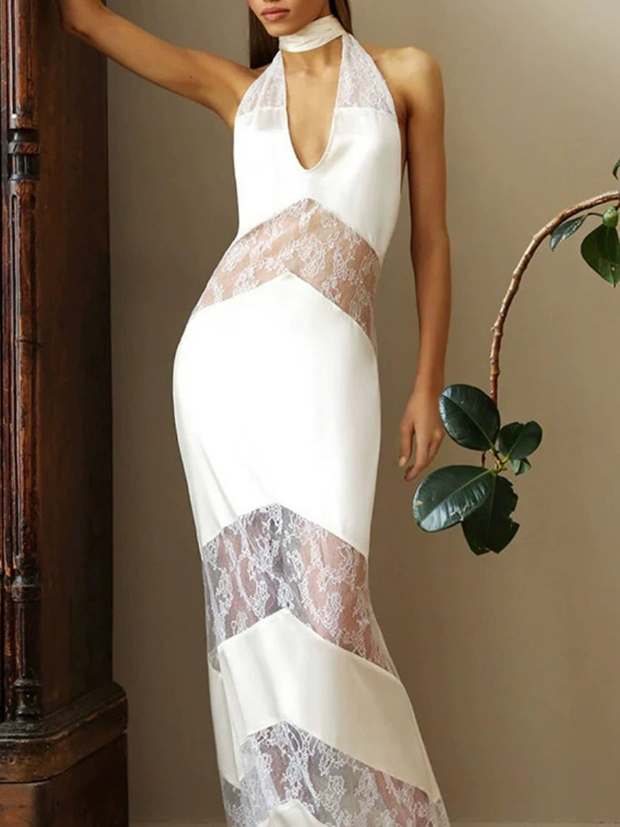 Bernardo Satin Lace Cutout Floral Maxi Dress In White