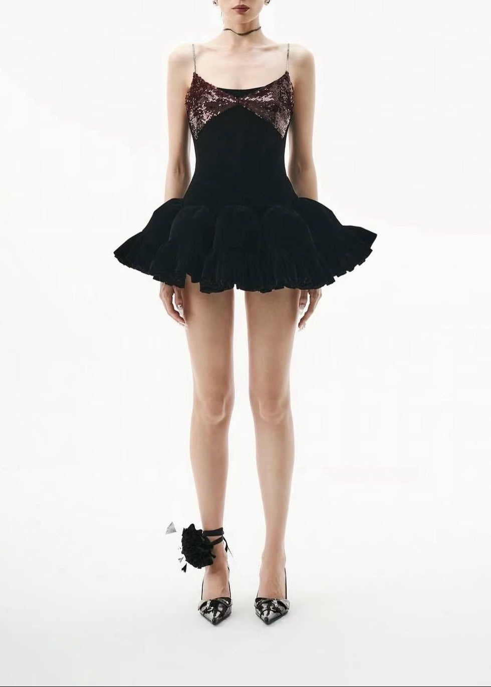 Dayo Spaghetti Sequin Puffy Mini Dress In Black