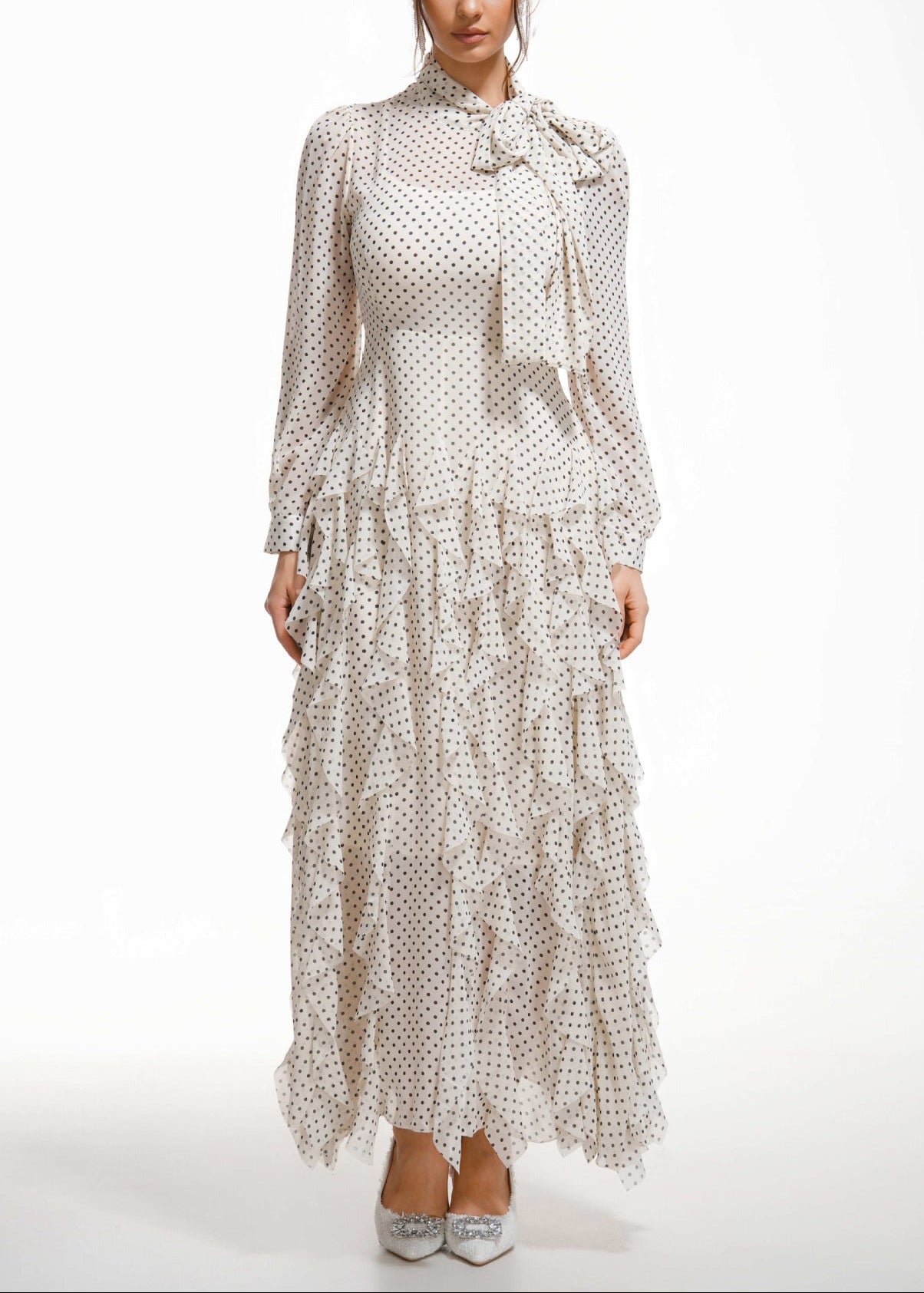 Dewitt Dot Bow Ruffle Maxi Dress