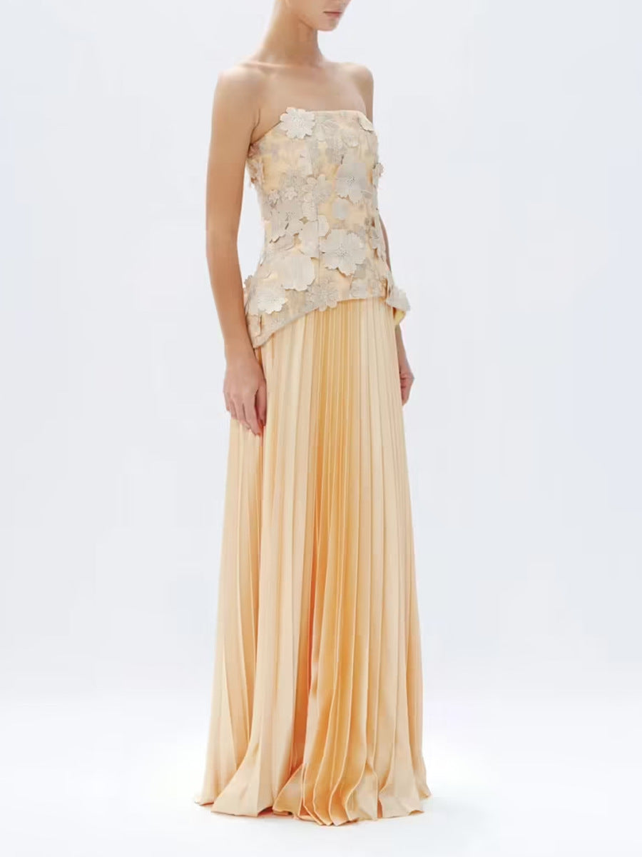 Doireann Strapless Flower Pleated Maxi Dress