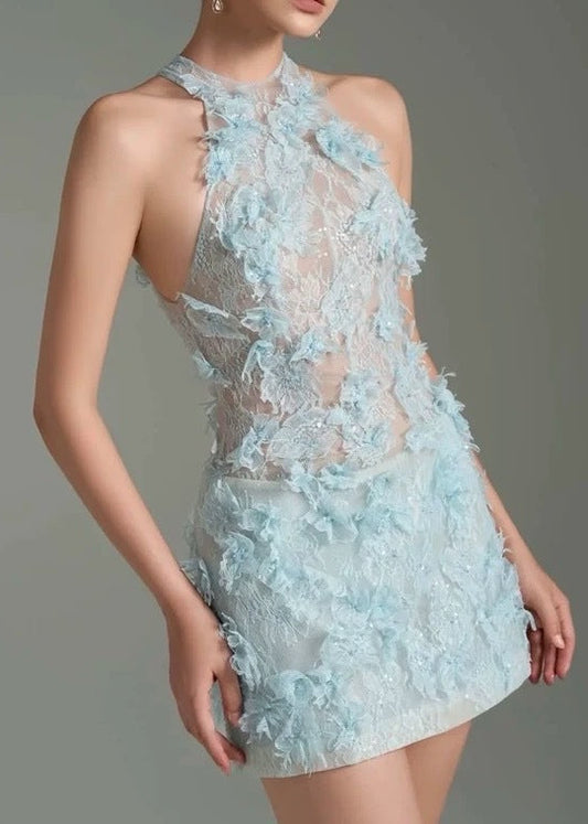 Gabrieli Flower Lace Mini Dress In Blue