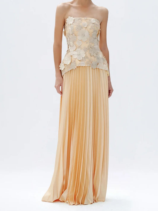 Doireann Strapless Flower Pleated Maxi Dress