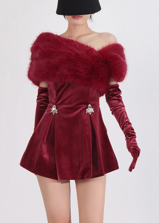 Dwain Off Shoulder Faux Fur Embellished Mini Dress