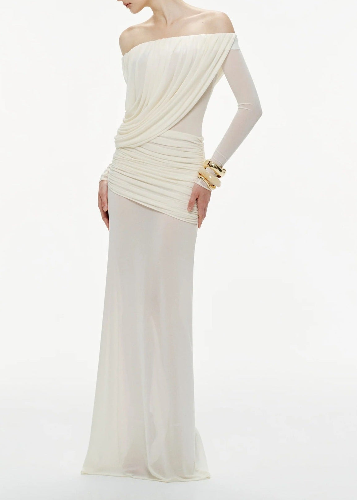 Fikri Off Shoulder Ruch Mesh Maxi Dress In White