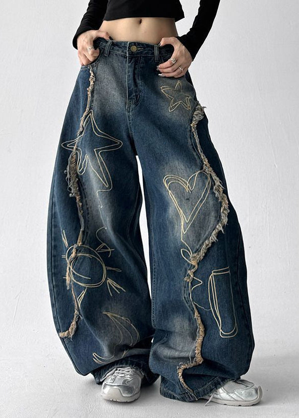 Digna Print Fringe Jeans In Blue