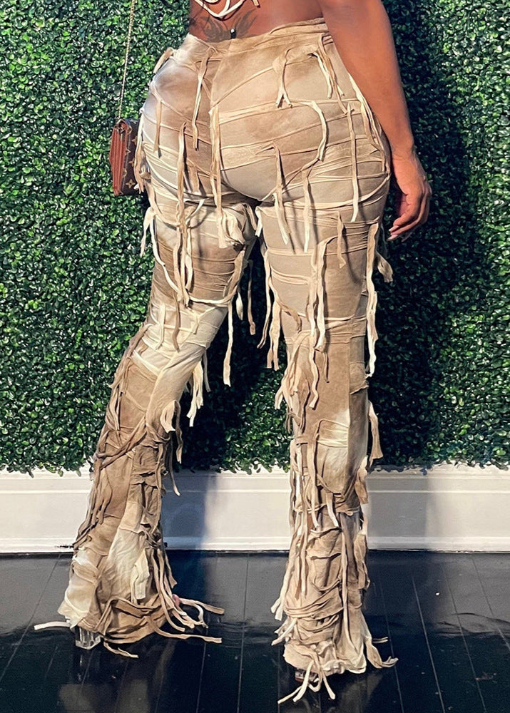 Cecily Tie Dye Fringe Pants Set In Apricot