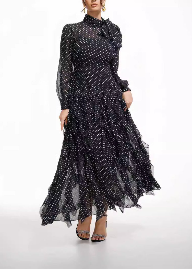 Dewitt Dot Bow Ruffle Maxi Dress In Black