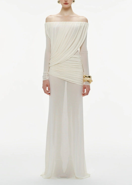 Fikri Off Shoulder Ruch Mesh Maxi Dress In White
