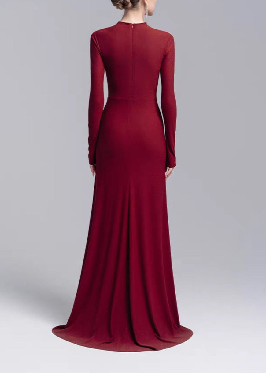 Admetus Long Sleeve Rhinestone Flower Maxi Dress In Red