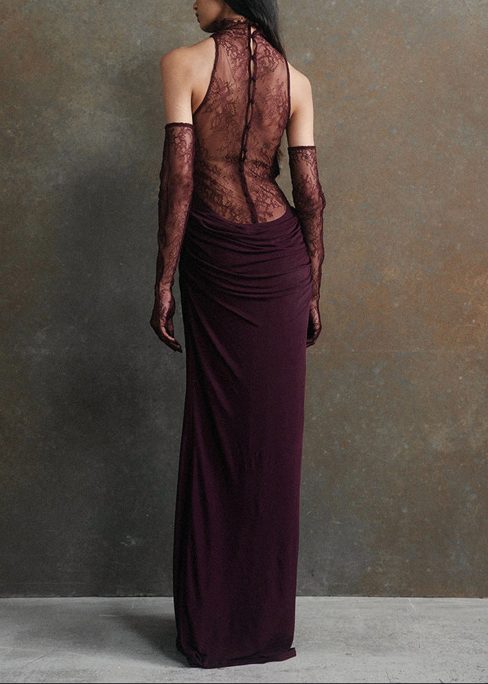 Jemma Cowl Neck Ruch Lace Maxi Dress In Black