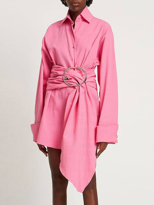 Ozlem Buckle Ruch Shirt Mini Dress In Pink