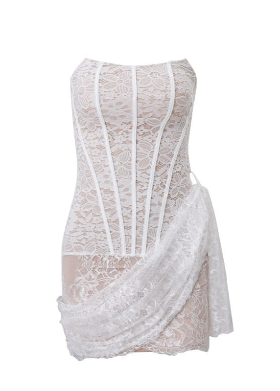 Arianwen Lace Strapless Corset Fringe Mini Dress