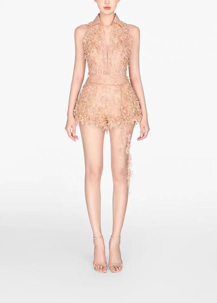 Chastity Halter Neck Lace Fringe Playsuit