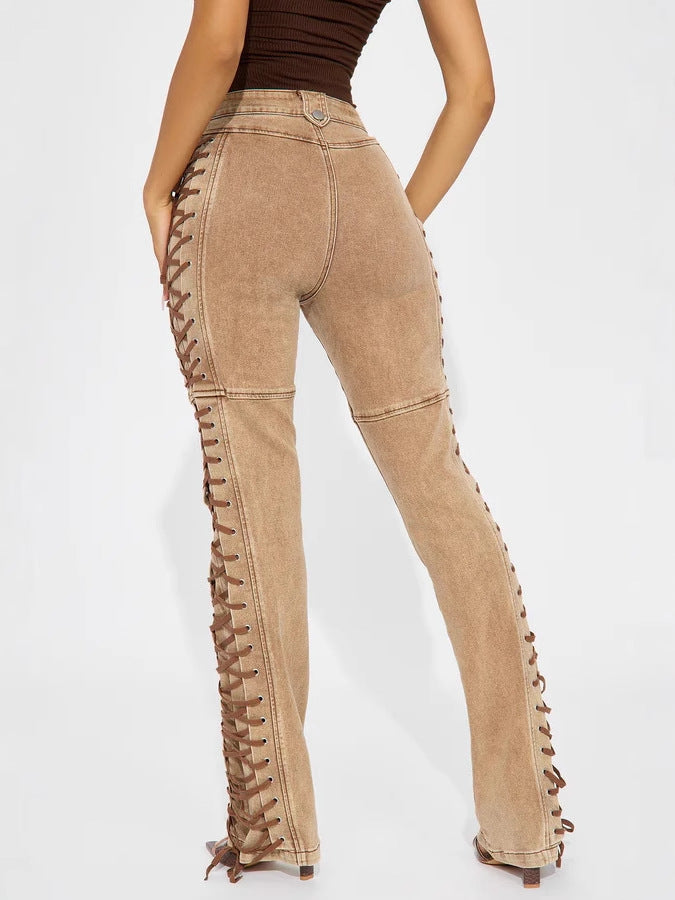 Alwilda Lace Up Jeans In Khaki