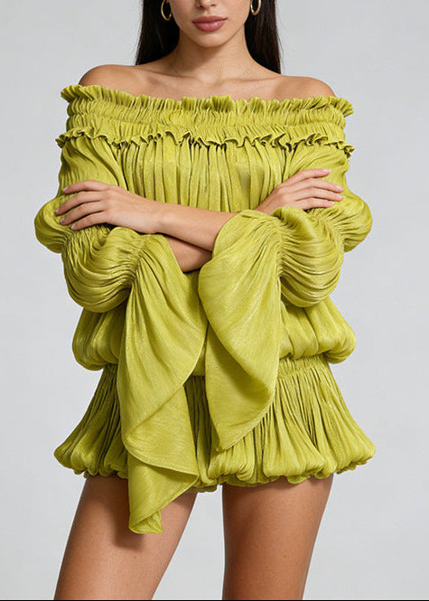 Emmylou Balloon Sleeve Ruch Mini Dress In Chartreuse