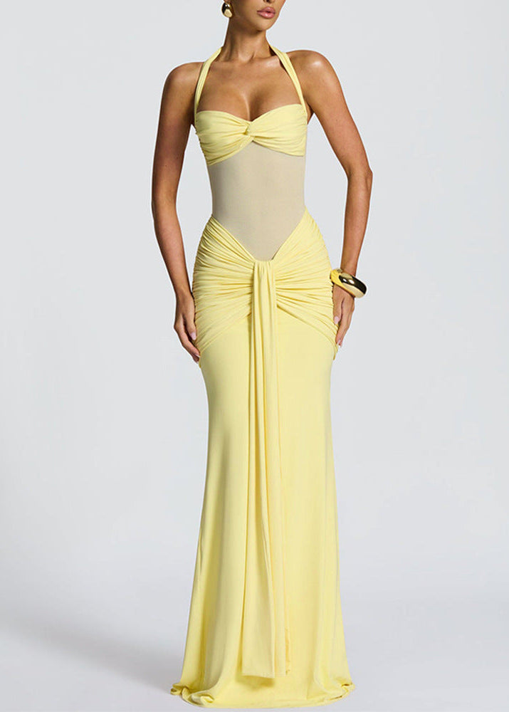Cesarino Halter Neck Tie Up Maxi Dress In Yellow